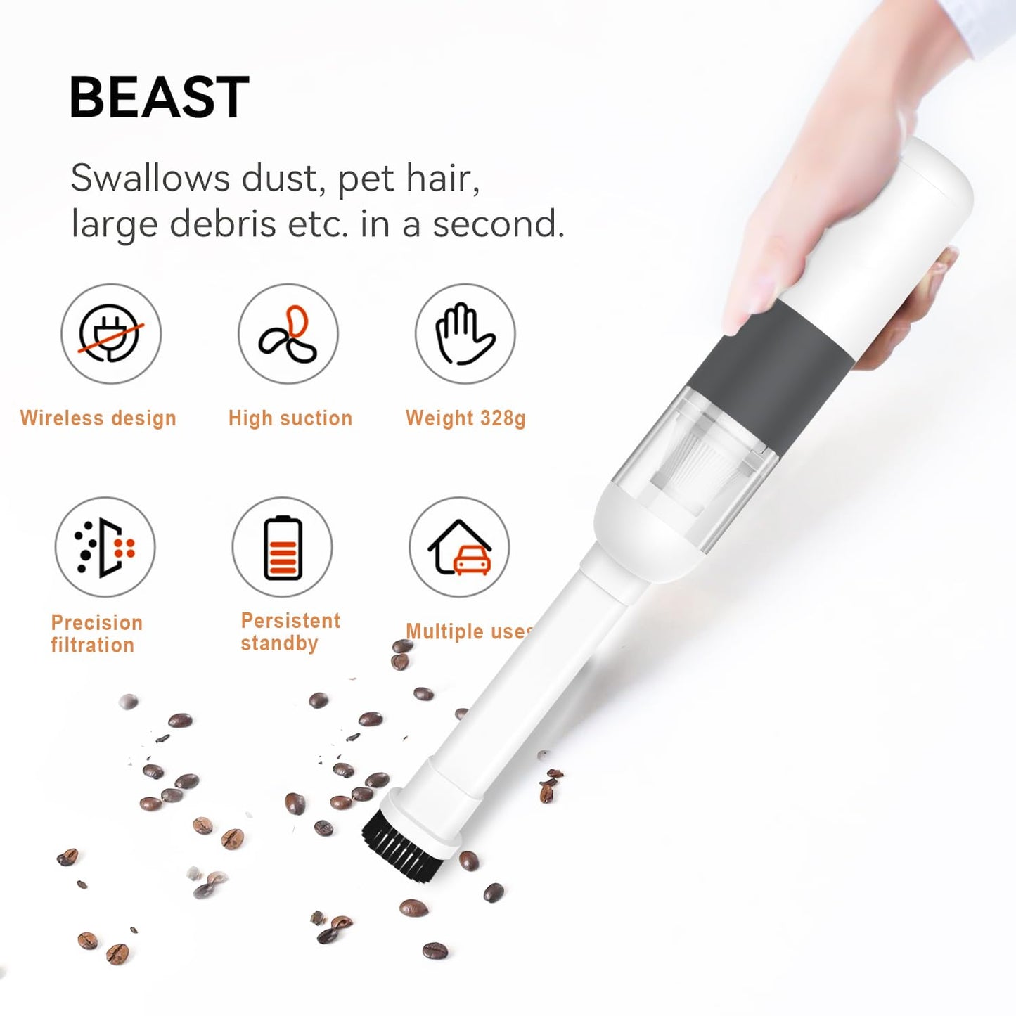 KUFUNG Portable Car Vacuum Cleaner, Handheld Vacuum Cordless, 8000PA Powerful Suction Vacuum Cleaner, Low Noise Rechargeable Mini Hand Held Vacuum for Car/Home/Pet/Office