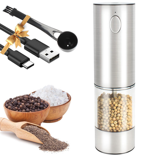 KUFUNG Electric Salt & Pepper Grinder - Automatic Spice Mill Set with Adjustable Coarseness - Refillable for Black Peppercorn & Sea Salt - USB Charge - Rechargeable (Silver-1 Pack)