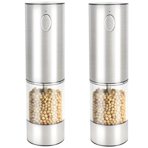 KUFUNG Electric Salt & Pepper Grinder - Automatic Spice Mill Set with Adjustable Coarseness - Refillable for Black Peppercorn & Sea Salt - USB Charge - Rechargeable (Silver-1 Pack)