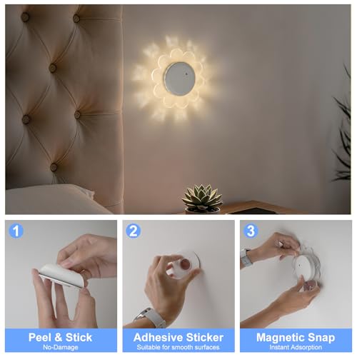 KUFUNG Floral Wall Lamp 2-Piece Set, RGB Magnetic Wall Light with Remote Control, USB-C Charging Acrylic Ambient Light, Suitable for Bedrooms, Living Rooms, and Home Decor - White