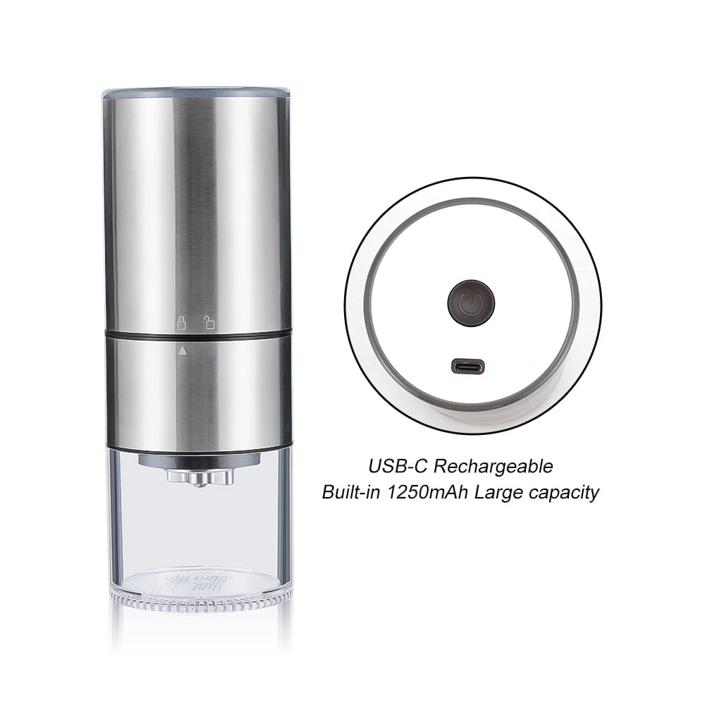 KUFUNG Electric Coffee Grinder, Rechargeable Mini Coffee Grinder With Multi Grind Setting, Coffee Bean Grinder Spice Grinder For Herbs, Nuts, Spice Mill (Silver)