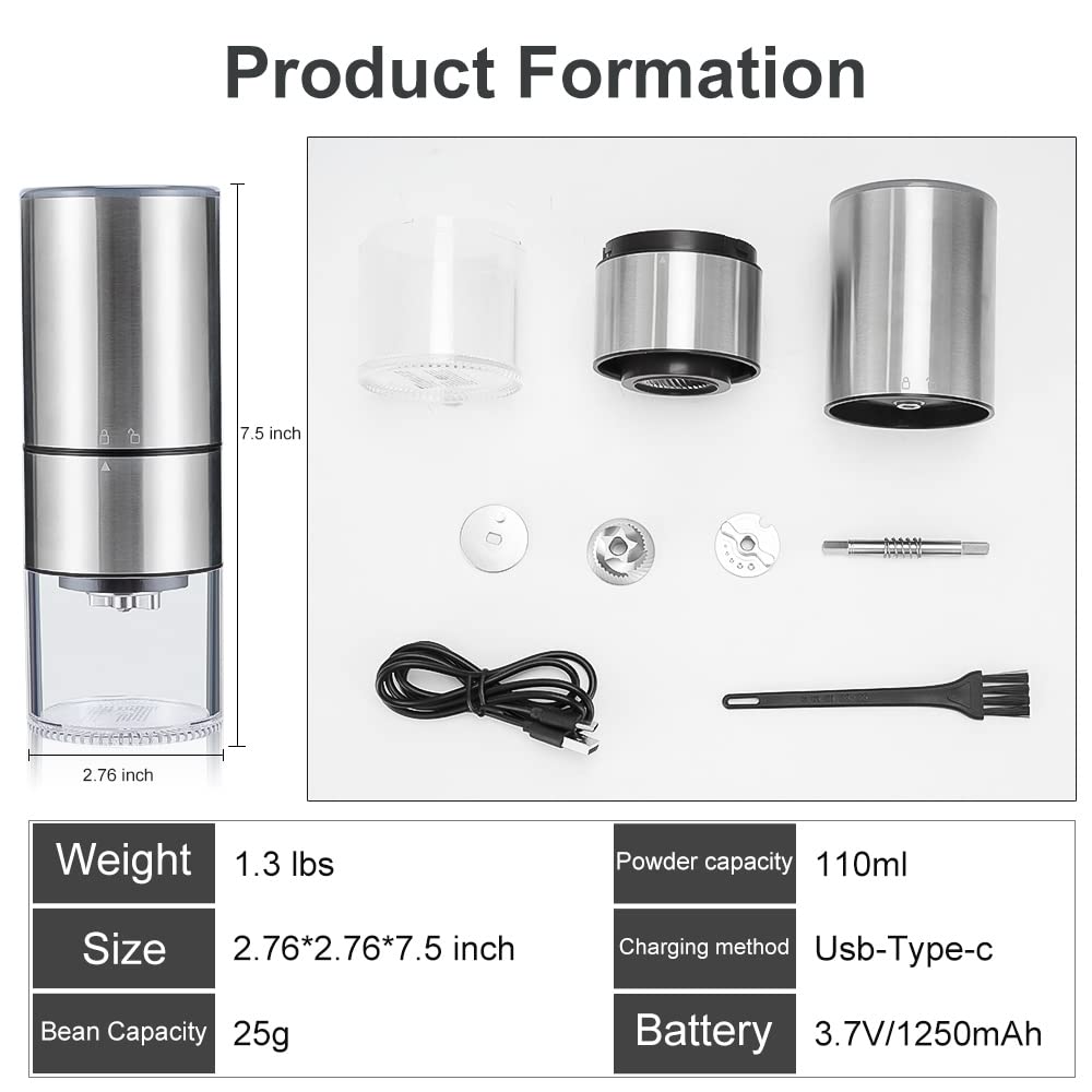 KUFUNG Electric Coffee Grinder, Rechargeable Mini Coffee Grinder With Multi Grind Setting, Coffee Bean Grinder Spice Grinder For Herbs, Nuts, Spice Mill (Silver)