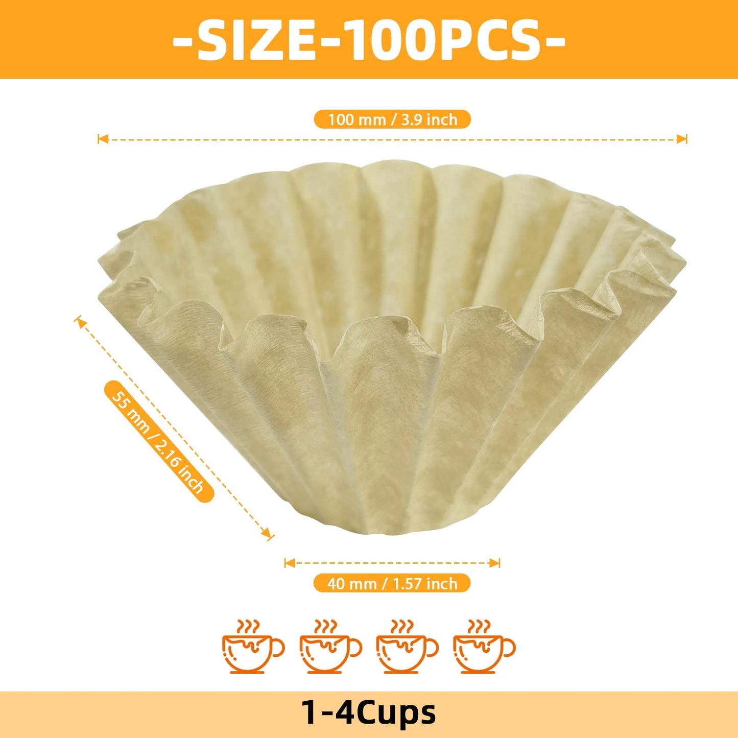 KUFUNG 100 Pack Coffee Filters,1-4 Cup Basket Natural Paper Coffee Filters for Home Office Pour Over, Drip Coffee Maker, Small Basket Style Single Pour Over,Natural Brown Unbleached