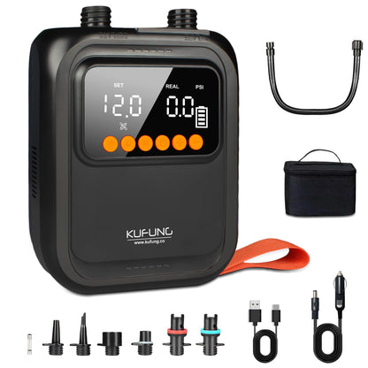KUFUNG Portable Smart Electric SUP Paddle Board Pump 20PSI Intelligent Dual Stage Inflation Deflation, Auto-Off and Rechargeable for Stand UP Paddle Boards, Kayaks, Tents