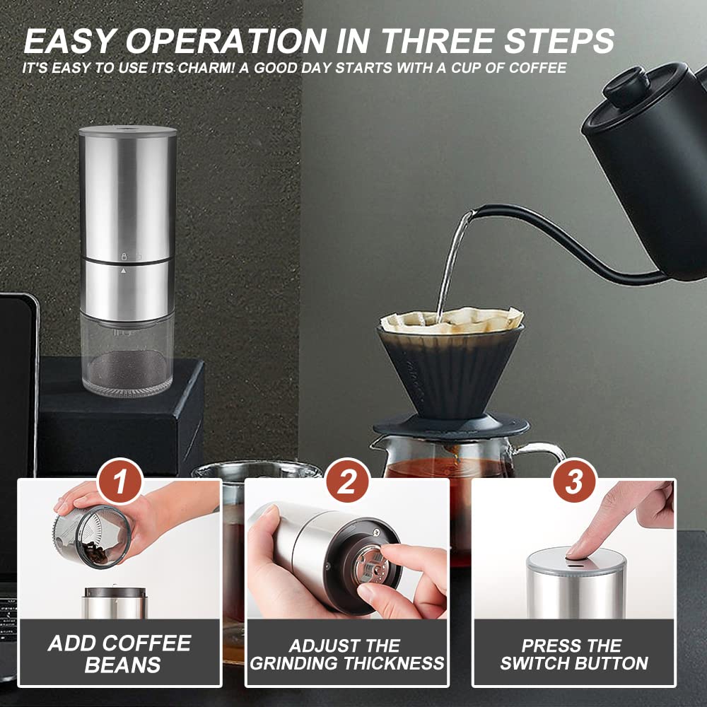 KUFUNG Electric Coffee Grinder, Rechargeable Mini Coffee Grinder With Multi Grind Setting, Coffee Bean Grinder Spice Grinder For Herbs, Nuts, Spice Mill (Silver)