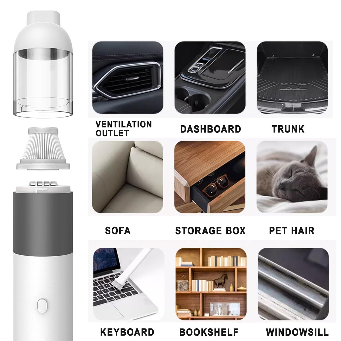 KUFUNG Portable Car Vacuum Cleaner, Handheld Vacuum Cordless, 8000PA Powerful Suction Vacuum Cleaner, Low Noise Rechargeable Mini Hand Held Vacuum for Car/Home/Pet/Office