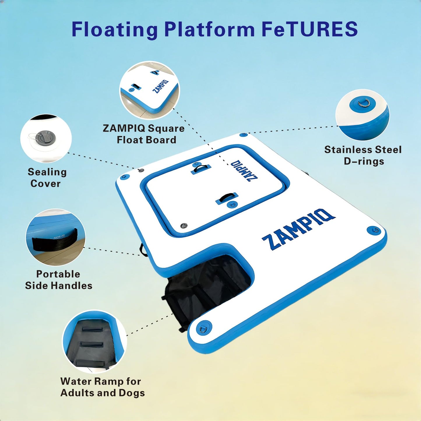 Inflatable Floating Dock Platform with Dog Ramp, 94.5 x 70.9 x 6 in Water Mat for Lake Pool Beach, Family Party Pool Sea River Dock Boat, Supports 3-5 Adults Up to 640 lbs