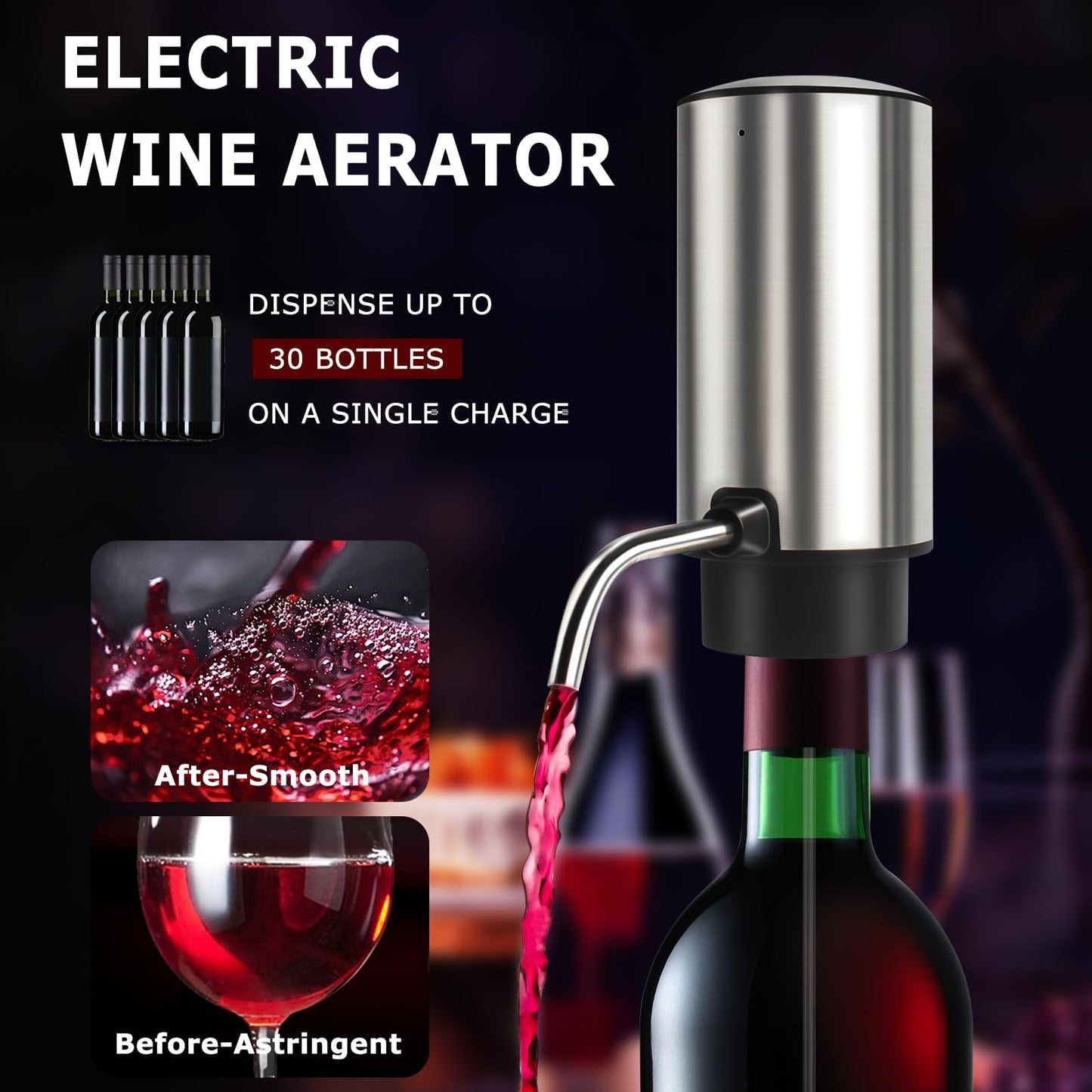KUFUNG Electric Wine Aerator Wine Pump Dispenser for Wine Bottles Elegant Stainless Steel Design, Rechargeable Gift for Wine Lovers (Silvery)