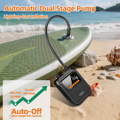 KUFUNG Portable Smart Electric SUP Paddle Board Pump 20PSI Intelligent Dual Stage Inflation Deflation, Auto-Off and Rechargeable for Stand UP Paddle Boards, Kayaks, Tents