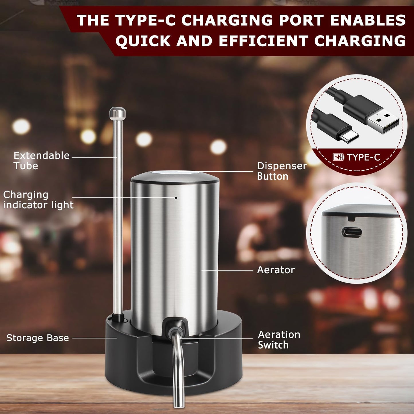 KUFUNG Electric Wine Aerator Wine Pump Dispenser for Wine Bottles Elegant Stainless Steel Design, Rechargeable Gift for Wine Lovers (Silvery)