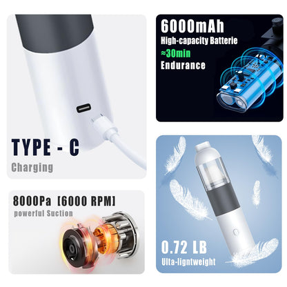KUFUNG Portable Car Vacuum Cleaner, Handheld Vacuum Cordless, 8000PA Powerful Suction Vacuum Cleaner, Low Noise Rechargeable Mini Hand Held Vacuum for Car/Home/Pet/Office