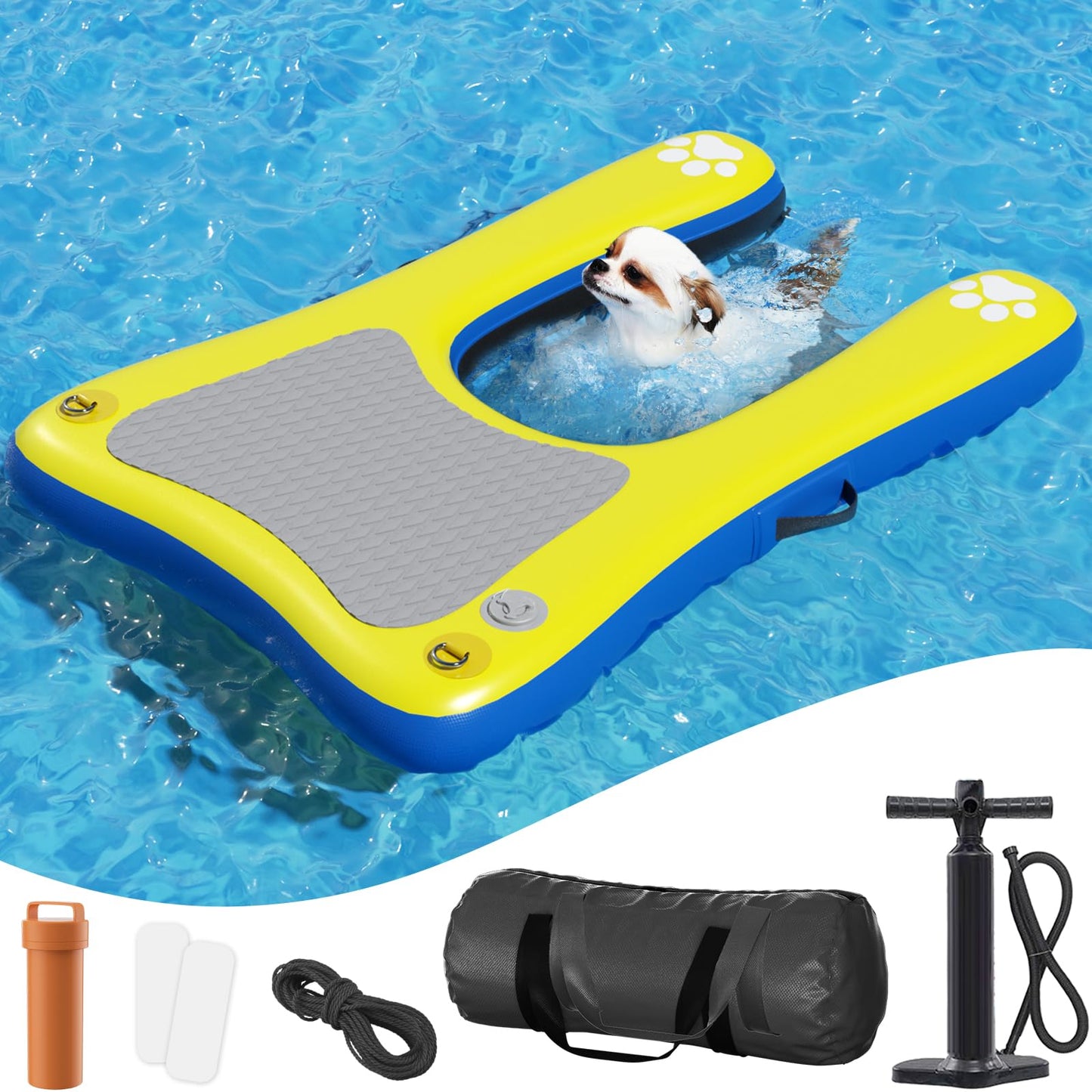 Inflatable Dog Pool Float Dock Platform for Small Dogs Up to 60 lbs, Dog Pool Ramp Ladder with Non Slip Steps | Dog Floats Water Ramp for Boat, Inground Pool, Lake | Heavy Duty Floating Ramp Plank