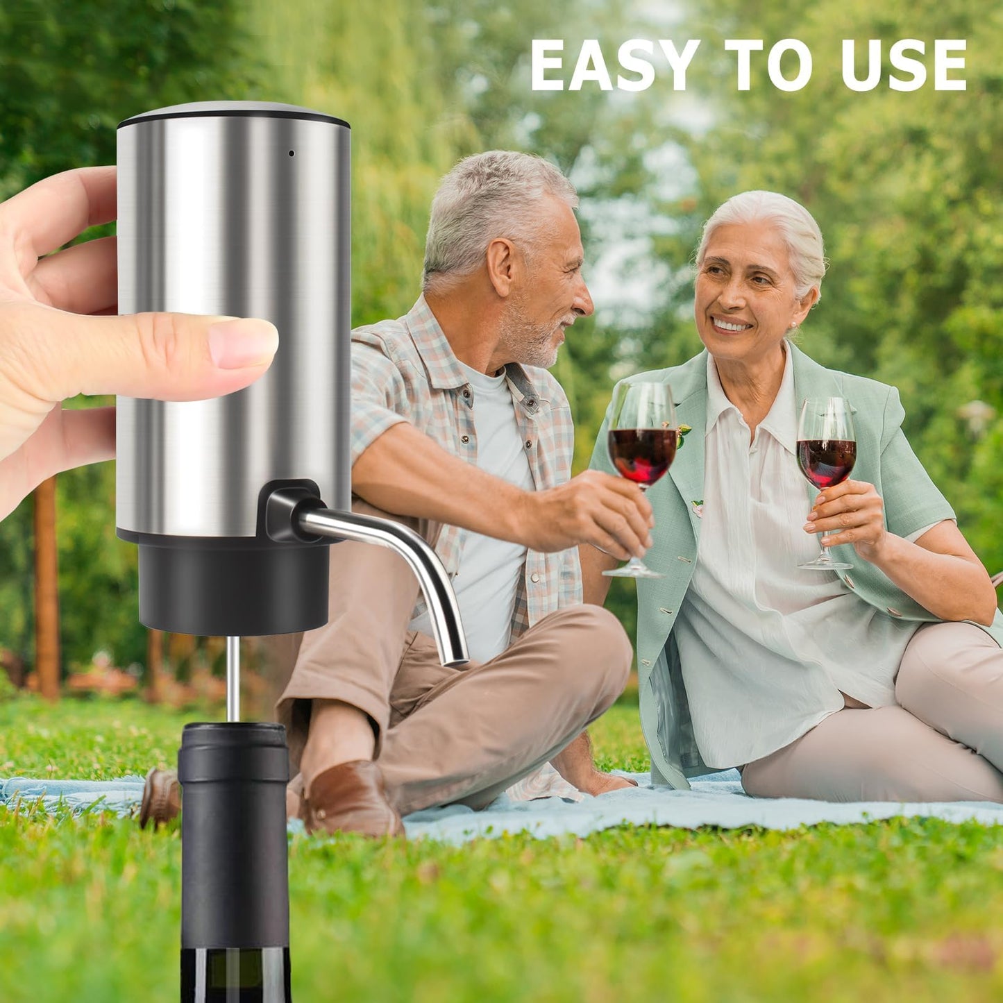 KUFUNG Electric Wine Aerator Wine Pump Dispenser for Wine Bottles Elegant Stainless Steel Design, Rechargeable Gift for Wine Lovers (Silvery)