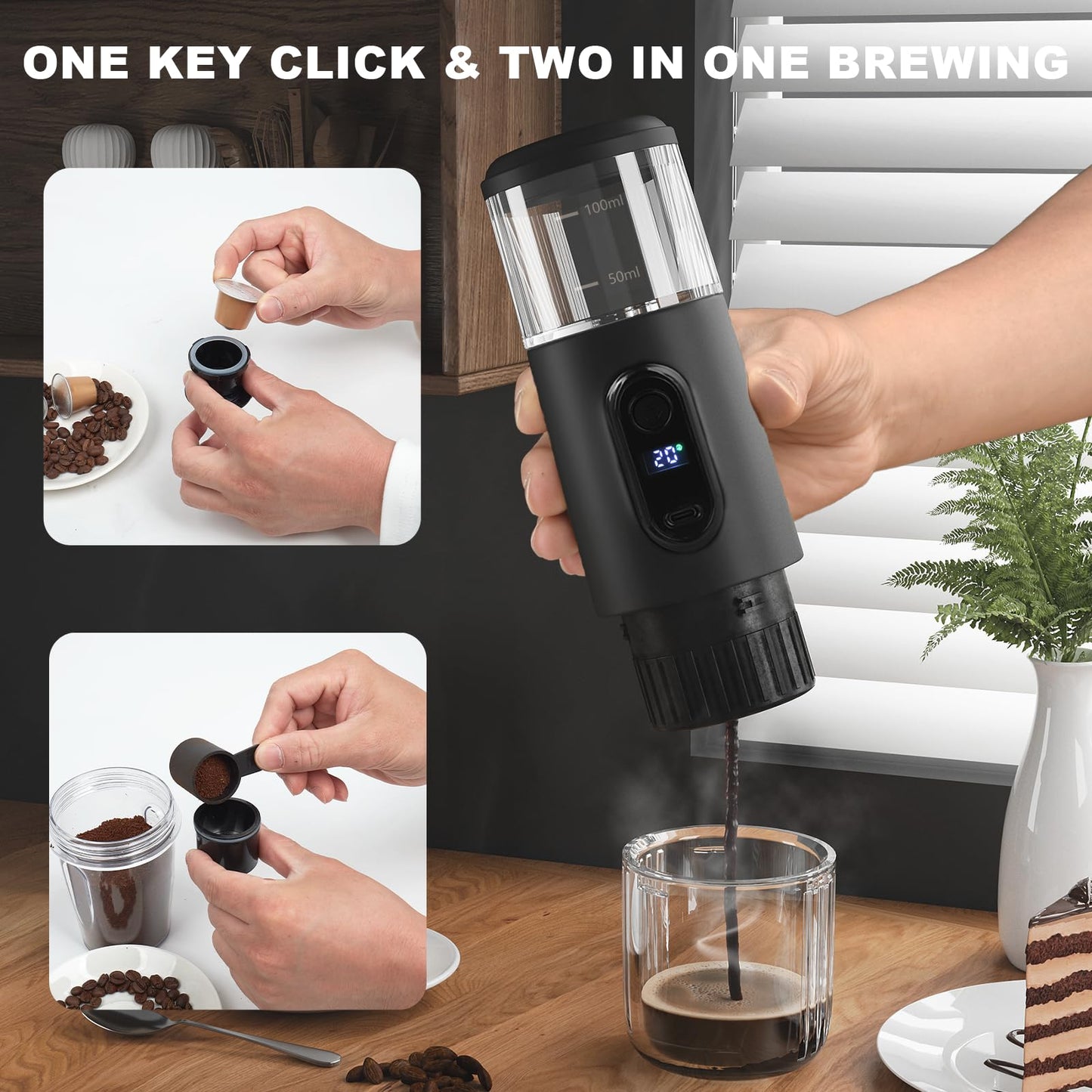 KUFUNG Portable Electric Espresso Coffee Machine - 2 IN 1 Wireless 15 Bar Pressure Mini Coffee Maker, Car Portable Coffee Machine Fully Charged Brew 75 Cups for Camping RV Hiking Office ( Not Self Heating)
