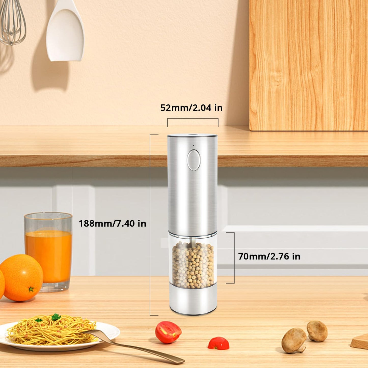 KUFUNG Electric Salt & Pepper Grinder - Automatic Spice Mill Set with Adjustable Coarseness - Refillable for Black Peppercorn & Sea Salt - USB Charge - Rechargeable (Silver-1 Pack)