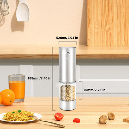 KUFUNG Electric Salt & Pepper Grinder - Automatic Spice Mill Set with Adjustable Coarseness - Refillable for Black Peppercorn & Sea Salt - USB Charge - Rechargeable (Silver-1 Pack)