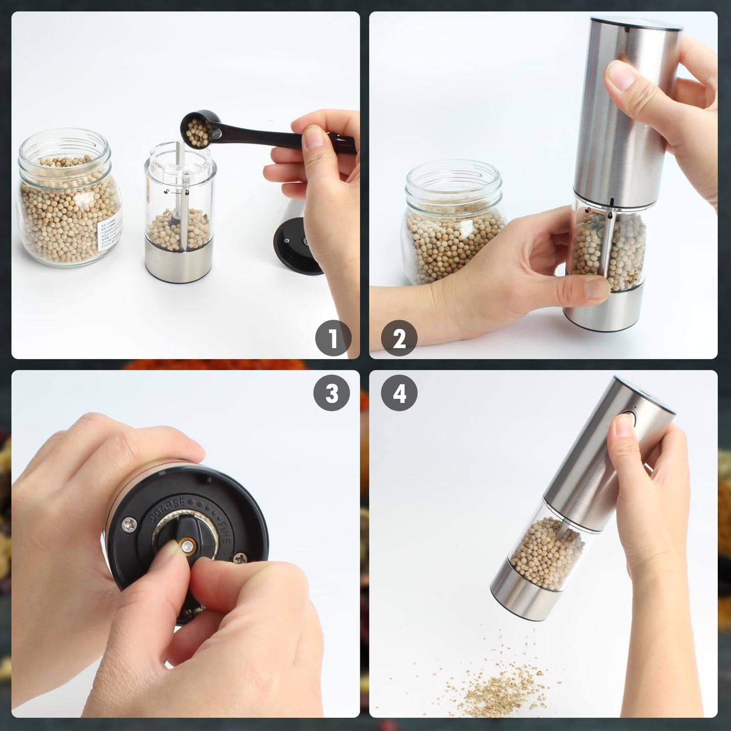 KUFUNG Electric Salt & Pepper Grinder - Automatic Spice Mill Set with Adjustable Coarseness - Refillable for Black Peppercorn & Sea Salt - USB Charge - Rechargeable (Silver-1 Pack)