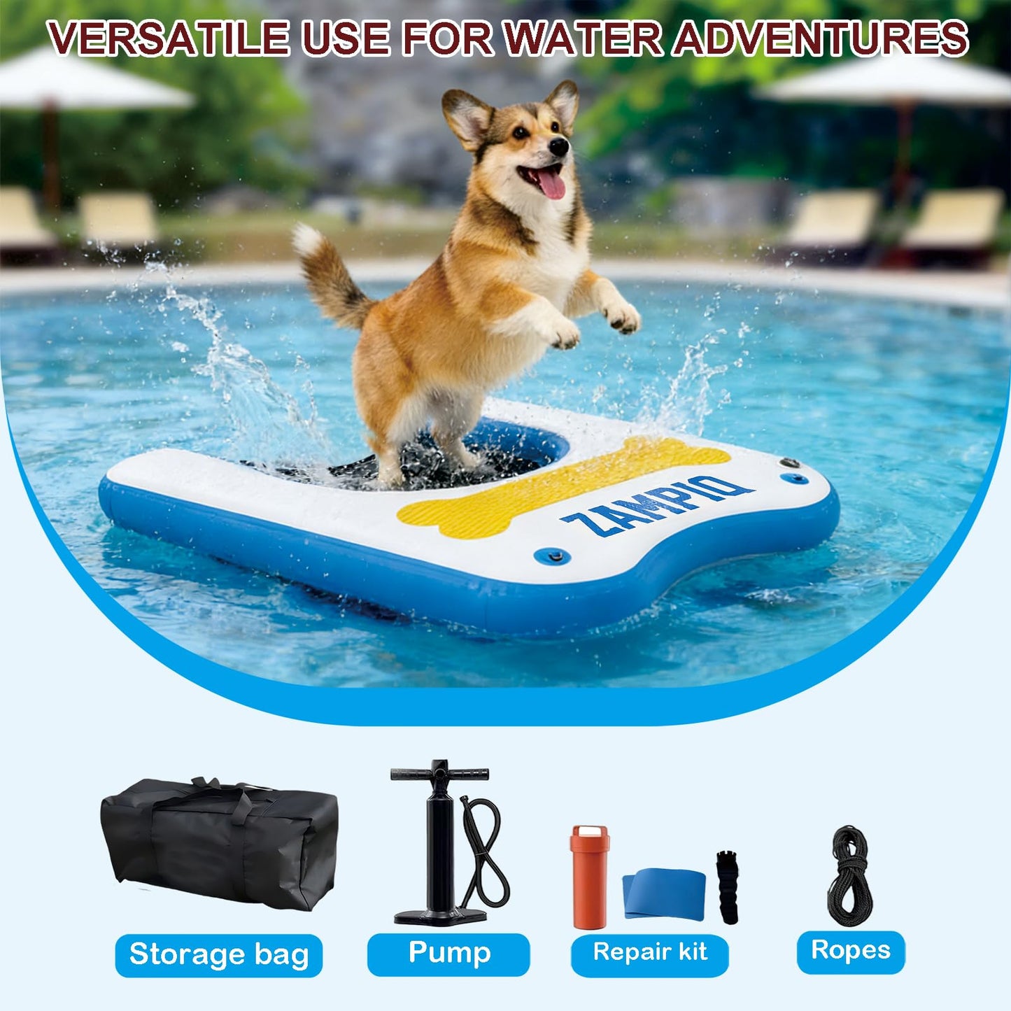 Inflatable Large Dog Water Ramp Float Floating Ramp-Swimming Pets Up to 300 Pounds Large Dogs-Inflatable Stairs for Boats, Docks, with Pump/Rope/Repair Non-Slip Commercial-Grade PVC Pet Water Ladder