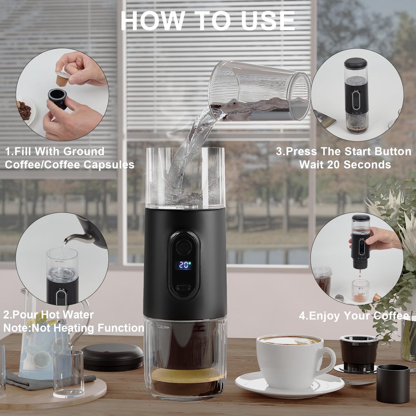 KUFUNG Portable Electric Espresso Coffee Machine - 2 IN 1 Wireless 15 Bar Pressure Mini Coffee Maker, Car Portable Coffee Machine Fully Charged Brew 75 Cups for Camping RV Hiking Office ( Not Self Heating)