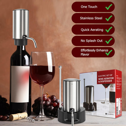 KUFUNG Electric Wine Aerator Wine Pump Dispenser for Wine Bottles Elegant Stainless Steel Design, Rechargeable Gift for Wine Lovers (Silvery)