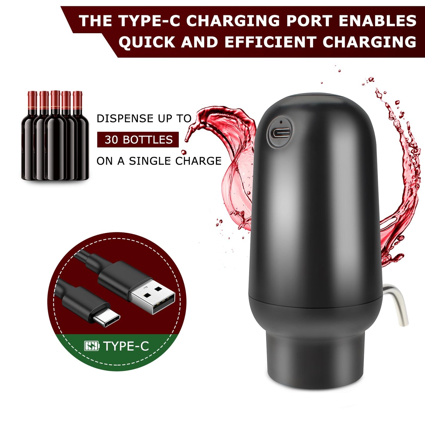 KUFUNG Smart Electric Wine Aerator Dispenser & Decanter Set Rechargeable Design with Micro USB Cable, Pump Dispenser Perfect for Perfect Pouring（BLACK)