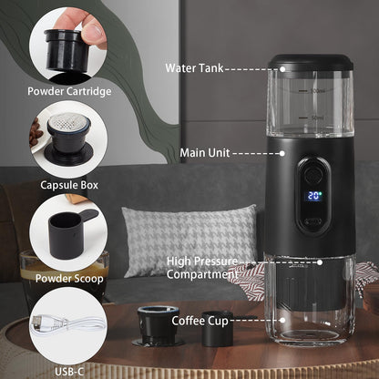 KUFUNG Portable Electric Espresso Coffee Machine - 2 IN 1 Wireless 15 Bar Pressure Mini Coffee Maker, Car Portable Coffee Machine Fully Charged Brew 75 Cups for Camping RV Hiking Office ( Not Self Heating)