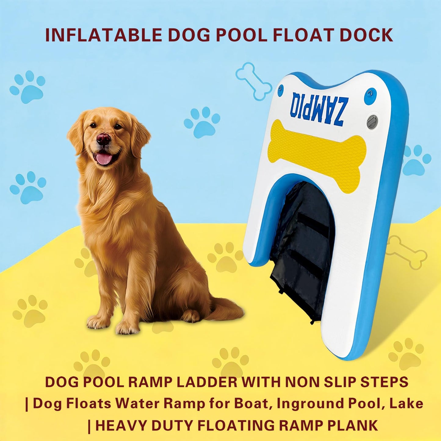 Inflatable Large Dog Water Ramp Float Floating Ramp-Swimming Pets Up to 300 Pounds Large Dogs-Inflatable Stairs for Boats, Docks, with Pump/Rope/Repair Non-Slip Commercial-Grade PVC Pet Water Ladder