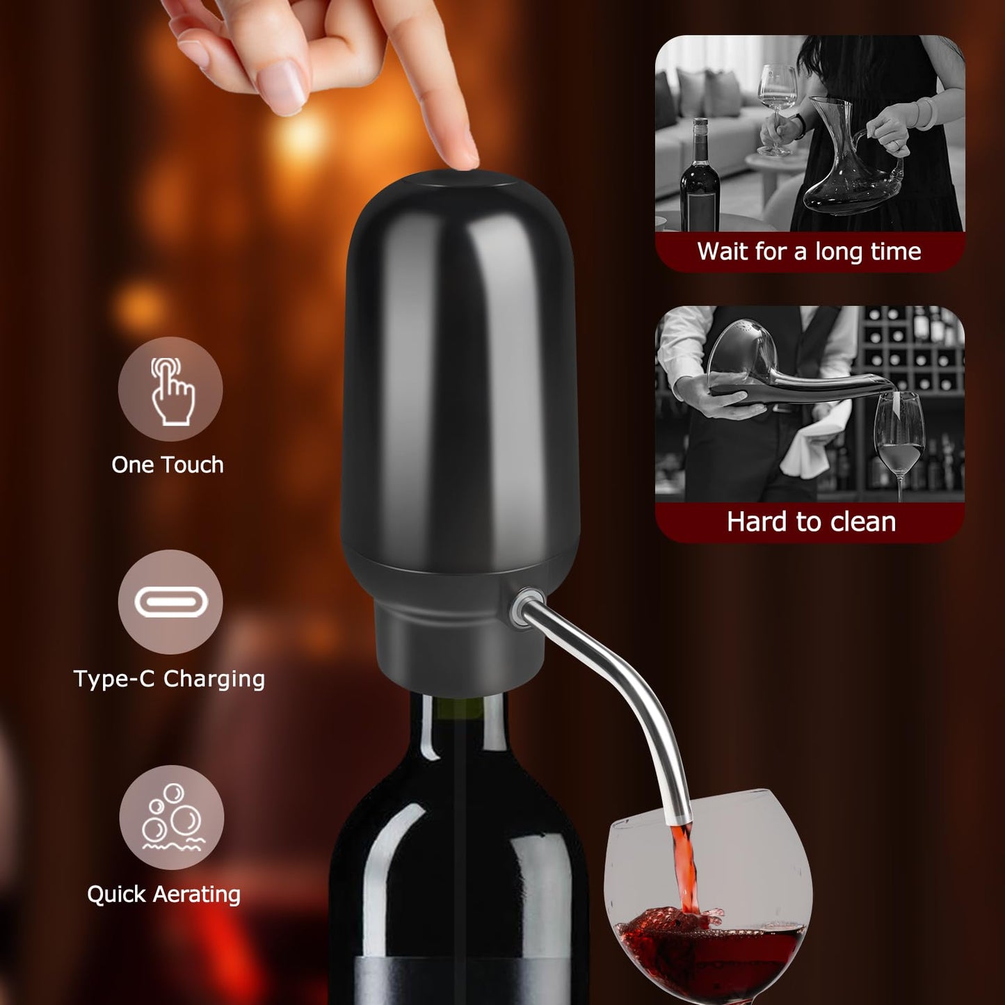 KUFUNG Smart Electric Wine Aerator Dispenser & Decanter Set Rechargeable Design with Micro USB Cable, Pump Dispenser Perfect for Perfect Pouring（BLACK)