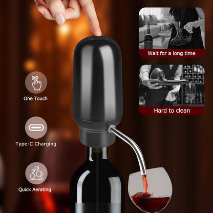 KUFUNG Smart Electric Wine Aerator Dispenser & Decanter Set Rechargeable Design with Micro USB Cable, Pump Dispenser Perfect for Perfect Pouring（BLACK)