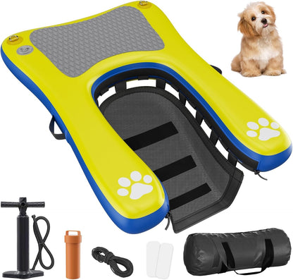 Inflatable Dog Pool Float Dock Platform for Small Dogs Up to 60 lbs, Dog Pool Ramp Ladder with Non Slip Steps | Dog Floats Water Ramp for Boat, Inground Pool, Lake | Heavy Duty Floating Ramp Plank
