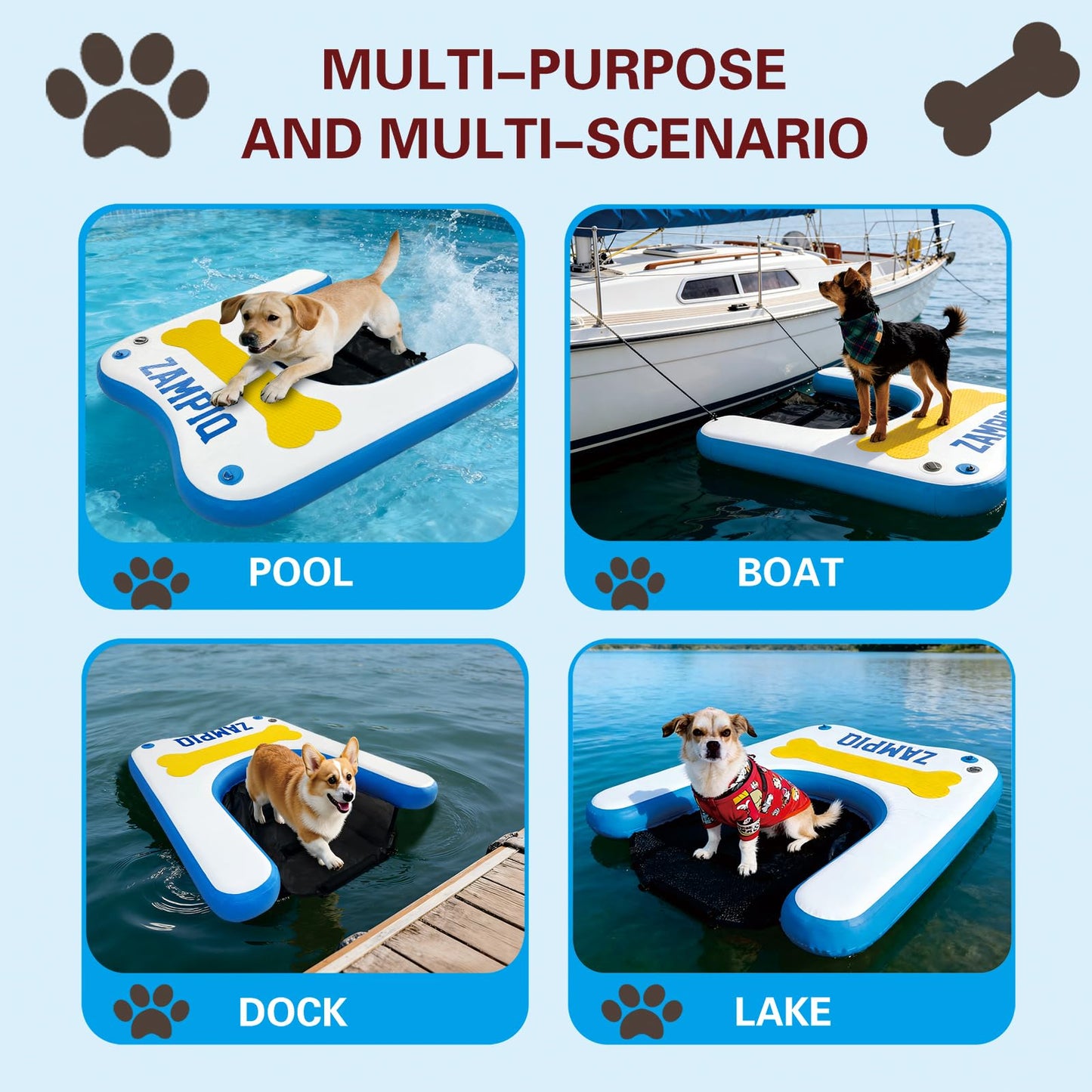 Inflatable Large Dog Water Ramp Float Floating Ramp-Swimming Pets Up to 300 Pounds Large Dogs-Inflatable Stairs for Boats, Docks, with Pump/Rope/Repair Non-Slip Commercial-Grade PVC Pet Water Ladder