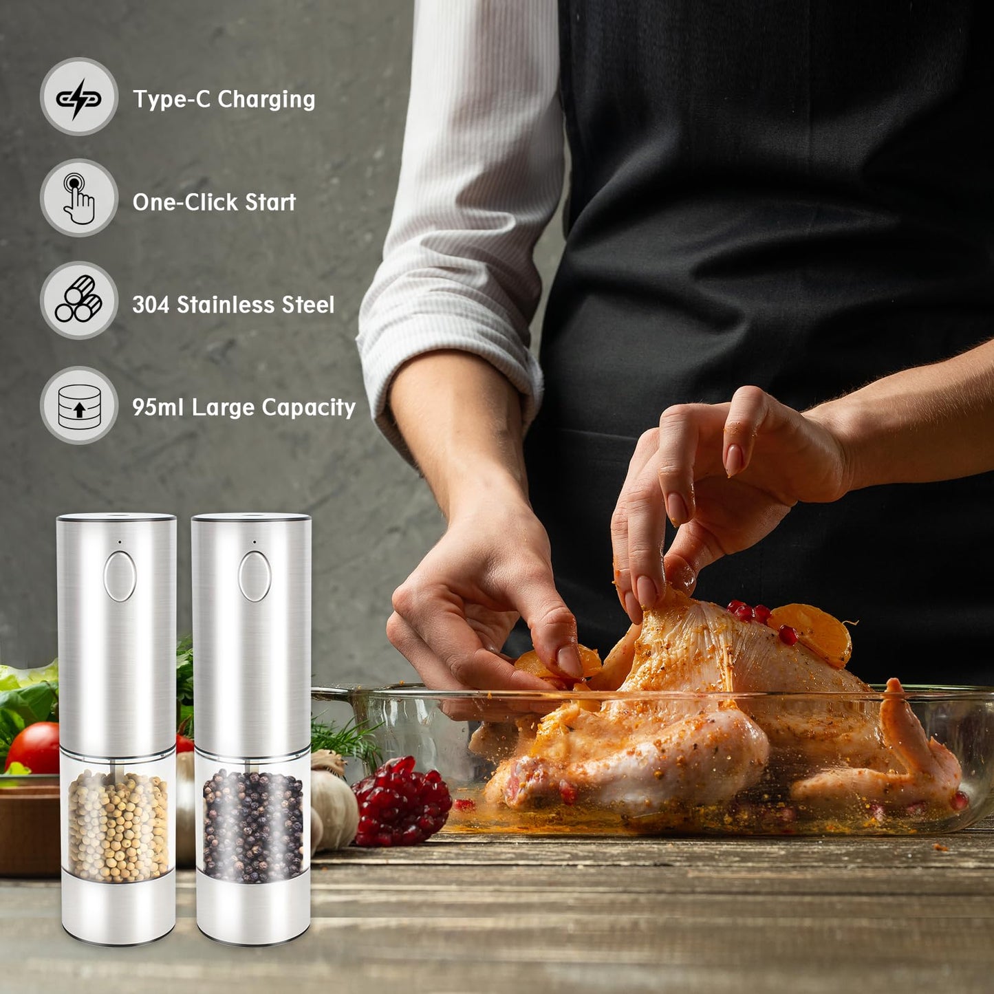 KUFUNG Electric Salt & Pepper Grinder - Automatic Spice Mill Set with Adjustable Coarseness - Refillable for Black Peppercorn & Sea Salt - USB Charge - Rechargeable (Silver-1 Pack)