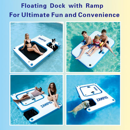 Inflatable Floating Dock Platform with Dog Ramp, 94.5 x 70.9 x 6 in Water Mat for Lake Pool Beach, Family Party Pool Sea River Dock Boat, Supports 3-5 Adults Up to 640 lbs