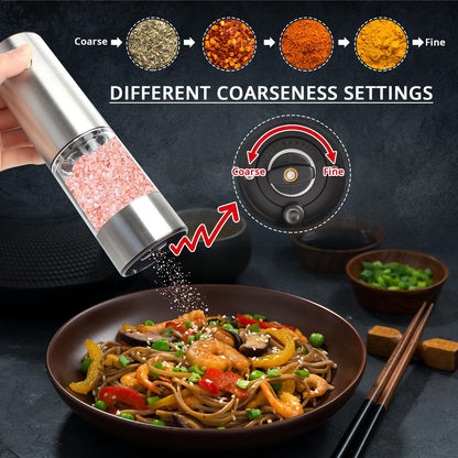 KUFUNG Electric Salt & Pepper Grinder - Automatic Spice Mill Set with Adjustable Coarseness - Refillable for Black Peppercorn & Sea Salt - USB Charge - Rechargeable (Silver-1 Pack)