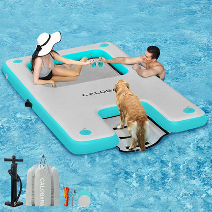 KUFUNG Floating Water Hammock, Inflatable Dock Platform with Mesh Lake Raft with Pool Ramp Ladder for Boats Lakes Beaches Water Recreation, Grey & Mint Green