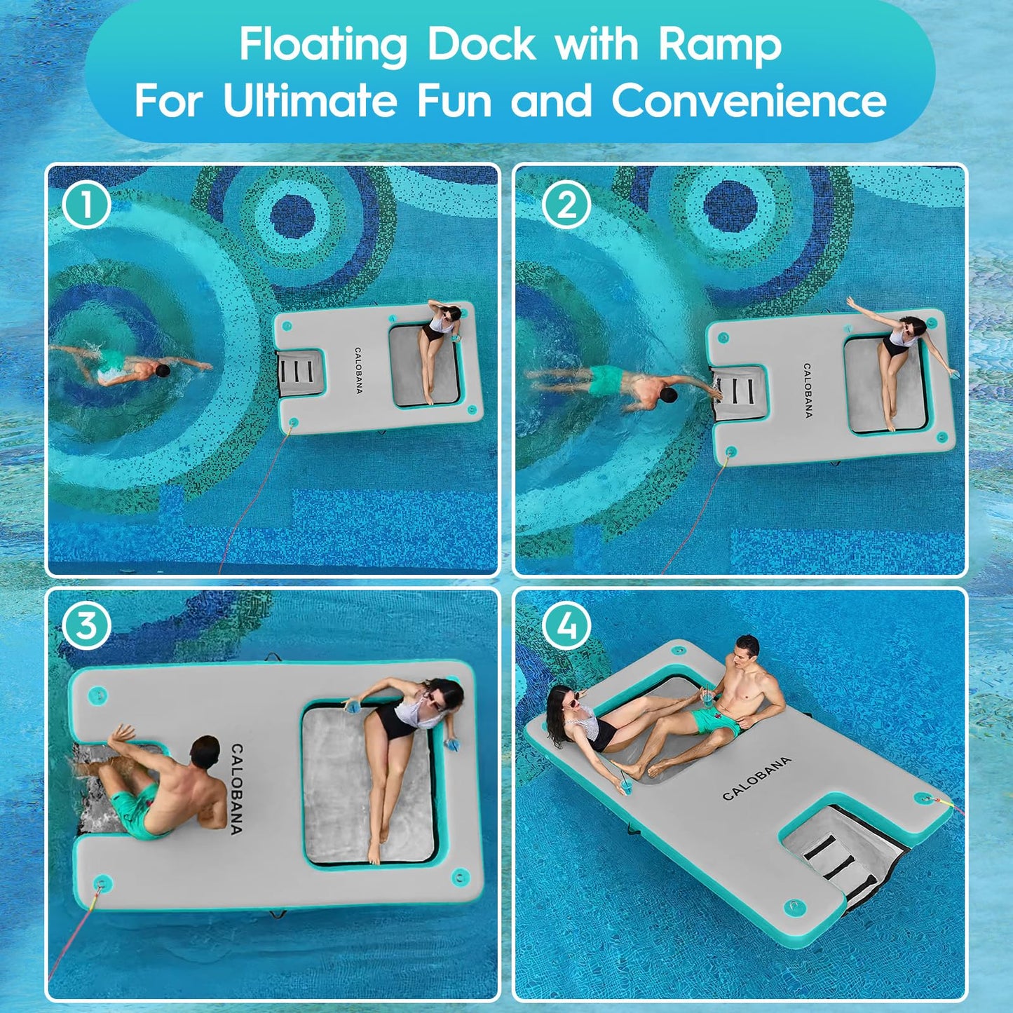 KUFUNG Floating Water Hammock, Inflatable Dock Platform with Mesh Lake Raft with Pool Ramp Ladder for Boats Lakes Beaches Water Recreation, Grey & Mint Green