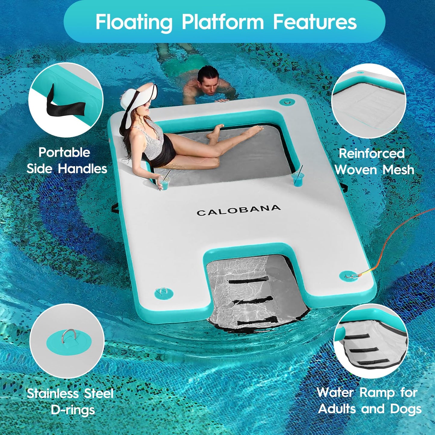 KUFUNG Floating Water Hammock, Inflatable Dock Platform with Mesh Lake Raft with Pool Ramp Ladder for Boats Lakes Beaches Water Recreation, Grey & Mint Green