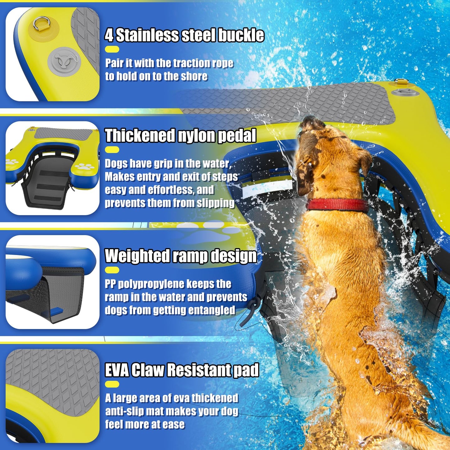 Inflatable Dog Pool Float Dock Platform for Small Dogs Up to 60 lbs, Dog Pool Ramp Ladder with Non Slip Steps | Dog Floats Water Ramp for Boat, Inground Pool, Lake | Heavy Duty Floating Ramp Plank