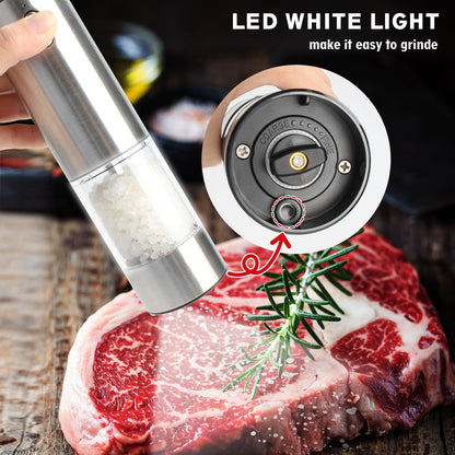 KUFUNG Electric Salt & Pepper Grinder - Automatic Spice Mill Set with Adjustable Coarseness - Refillable for Black Peppercorn & Sea Salt - USB Charge - Rechargeable (Silver-1 Pack)