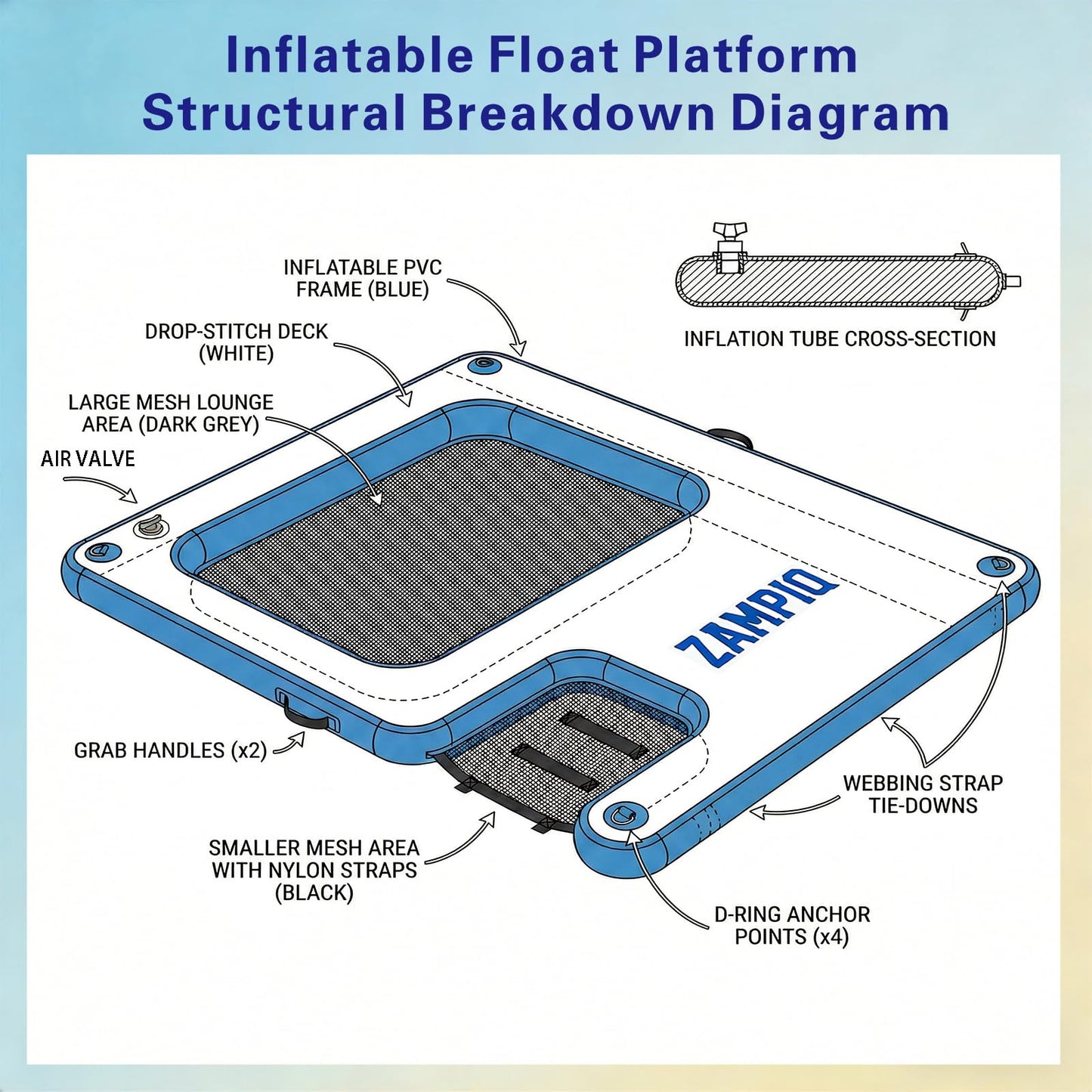 Inflatable Floating Dock Platform with Dog Ramp, 94.5 x 70.9 x 6 in Water Mat for Lake Pool Beach, Family Party Pool Sea River Dock Boat, Supports 3-5 Adults Up to 640 lbs