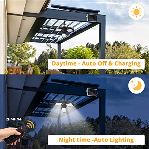 KUFUNG Solar Pendant Light with Adjustable Multi-Position Panels, Waterproof Solar lamp with Remote Control, for Garage, Deck, Fence, Patio, Shed, Tent(NO Sensor)