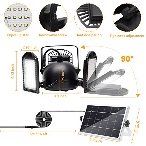 KUFUNG Solar Pendant Light with Adjustable Multi-Position Panels, Waterproof Solar lamp with Remote Control, for Garage, Deck, Fence, Patio, Shed, Tent(NO Sensor)